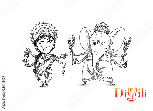 Hindu God Laxmi Ganesh at Diwali Festival, Hand Drawn Sketch Vector illustration.