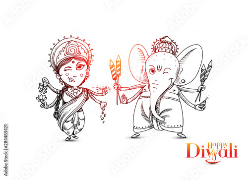 Hindu God Laxmi Ganesh at Diwali Festival, Hand Drawn Sketch Vector illustration.