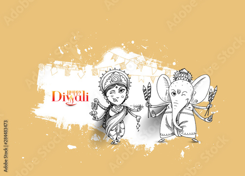 Hindu God Laxmi Ganesh at Diwali Festival, Hand Drawn Sketch Vector illustration.