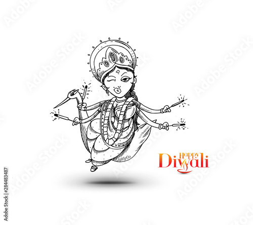 Hindu God Laxmi with text of Happy Diwali Festival, Hand Drawn Sketch Vector illustration.