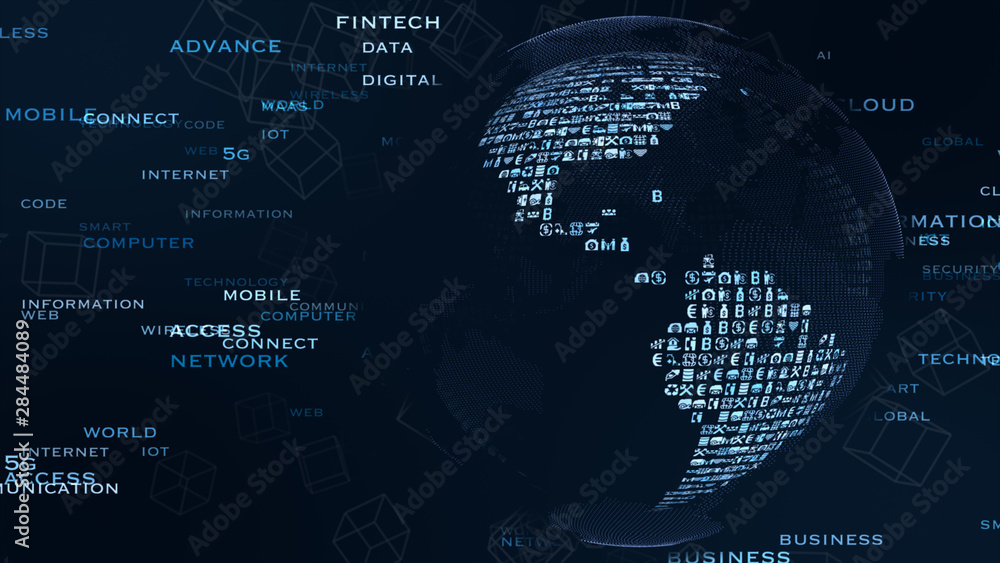 Obraz premium VR 5G AI 人工知能 フィンテック Fintech MaaS ICT ブロックチェーン 3D