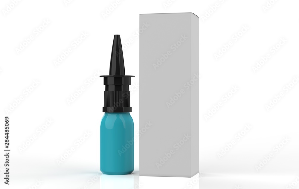 Plastic Bottle With Box. Common Cold, Allergies. Mock Up Ready For Your Design. 3d Illustration Isolated On White Background Plastic Bottle With Box. Common Cold, Allergies. Mock Up Ready For Your Design. 3d Illustration Isolated On White Background