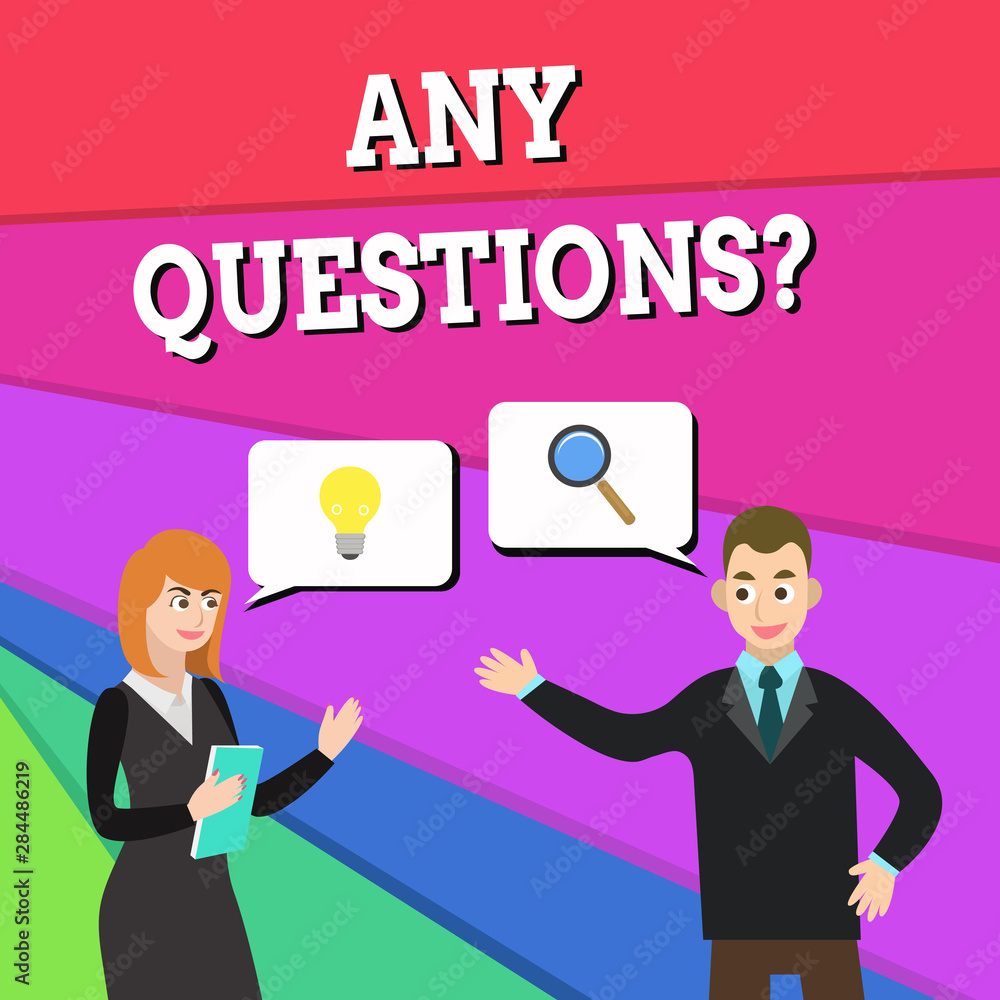 Text sign showing Any Questions Question. Business photo showcasing you say write order to ask demonstrating about something Business Partners Colleagues Jointly Seeking Problem Solution Generate Idea Text sign showing Any Questions Question. Business photo showcasing you say write order to ask demonstrating about something Business Partners Colleagues Jointly Seeking Problem Solution Generate Idea