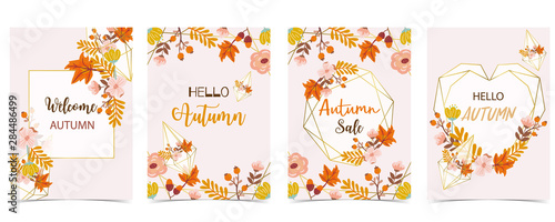Collection of autumn background set with gold geometric,leaves,flower,wreath.Vector illustration for invitation,postcard and sticker.Editable element