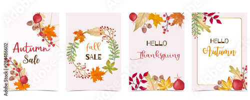 Collection of autumn background set with gold geometric,leaves,flower,wreath.Vector illustration for invitation,postcard and sticker.Editable element