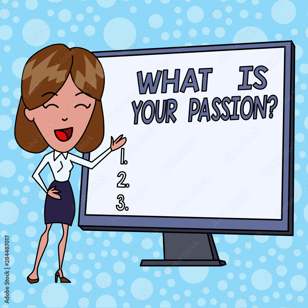 Writing note showing What Is Your Passion Question. Business concept for asking about his strong and barely controllable emotion White Female in Standing Pointing Blank Screen Whiteboard Presentation Writing note showing What Is Your Passion Question. Business concept for asking about his strong and barely controllable emotion White Female in Standing Pointing Blank Screen Whiteboard Presentation