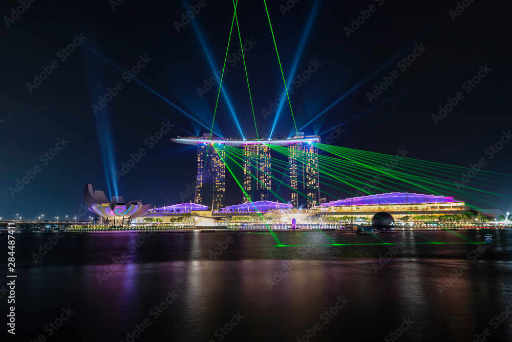 Laser show on Singapore Skyline at night