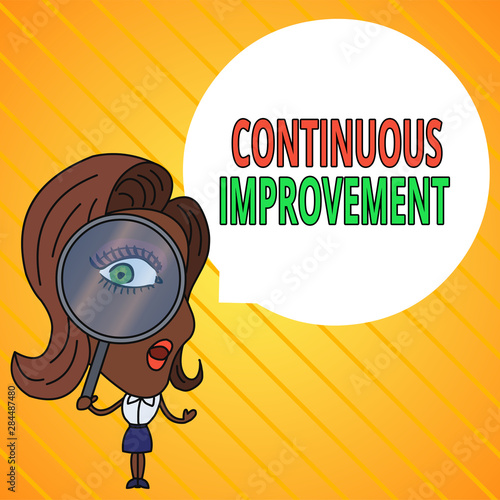 Text sign showing Continuous Improvement. Business photo text ongoing effort to improve products or processes Woman Looking Trough Magnifying Glass Big Eye Blank Round Speech Bubble