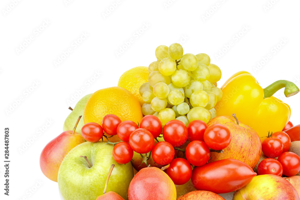 A set of fruits and vegetables isolated on white background. Free space for text. A set of fruits and vegetables isolated on white background. Free space for text.