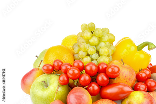 A set of fruits and vegetables isolated on white background. Free space for text.