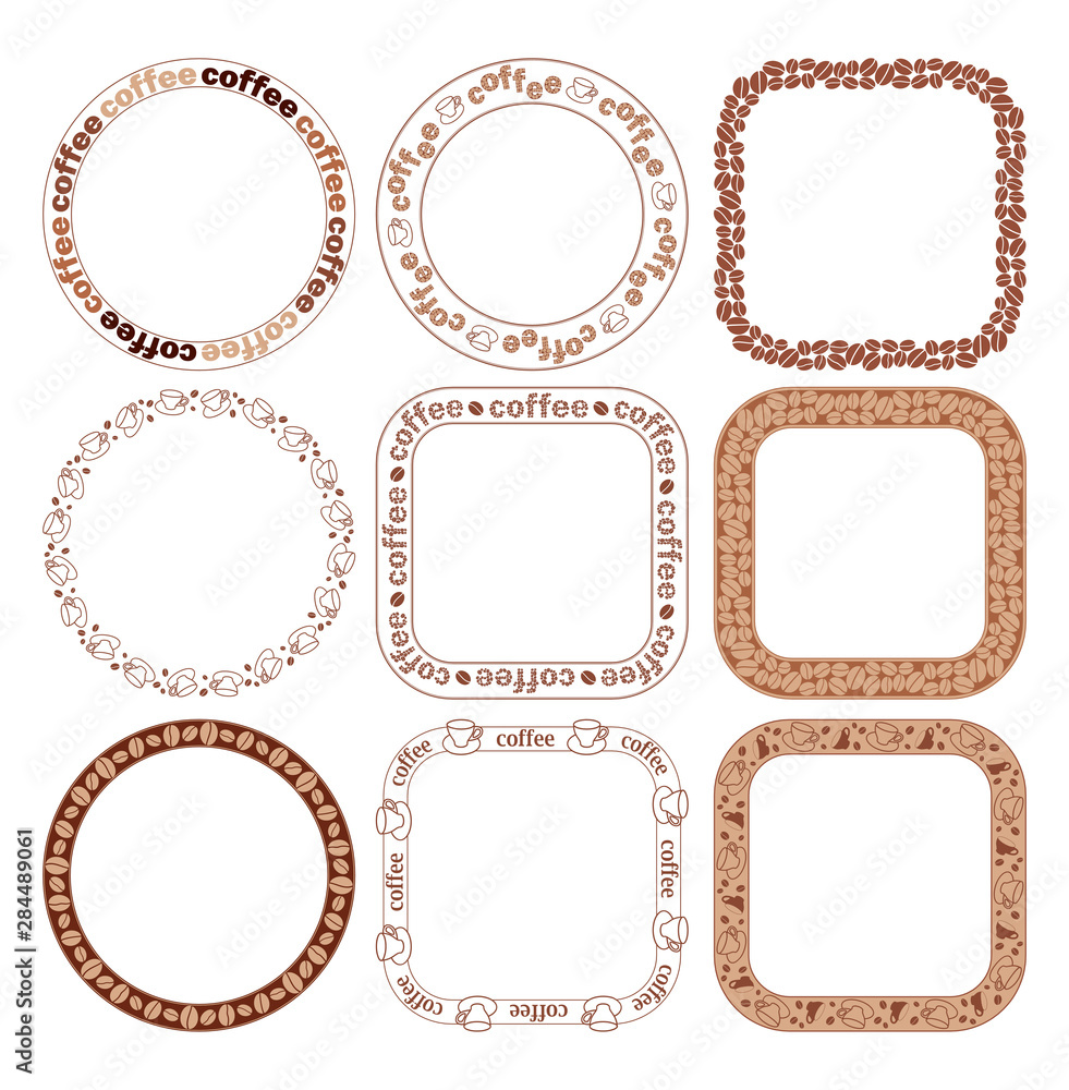 brown frames with coffee grains and cups - vector set brown frames with coffee grains and cups - vector set
