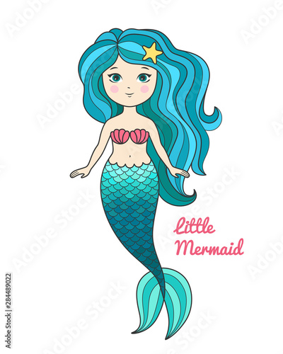 Cute little mermaid with turquoise hair cartoon style vector illustration 