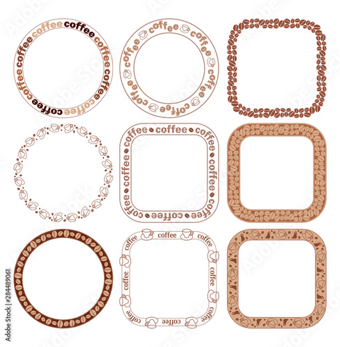 brown frames with coffee grains and cups - vector set