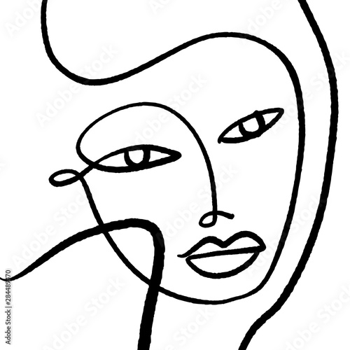 Modern Abstract Face Portrait Linear Ink Brush Line Art Current Contemporary Painting Fashion Vector Illustration Clipart