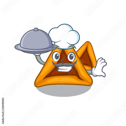 Chef with food hamantaschen cookies isolated with the mascot