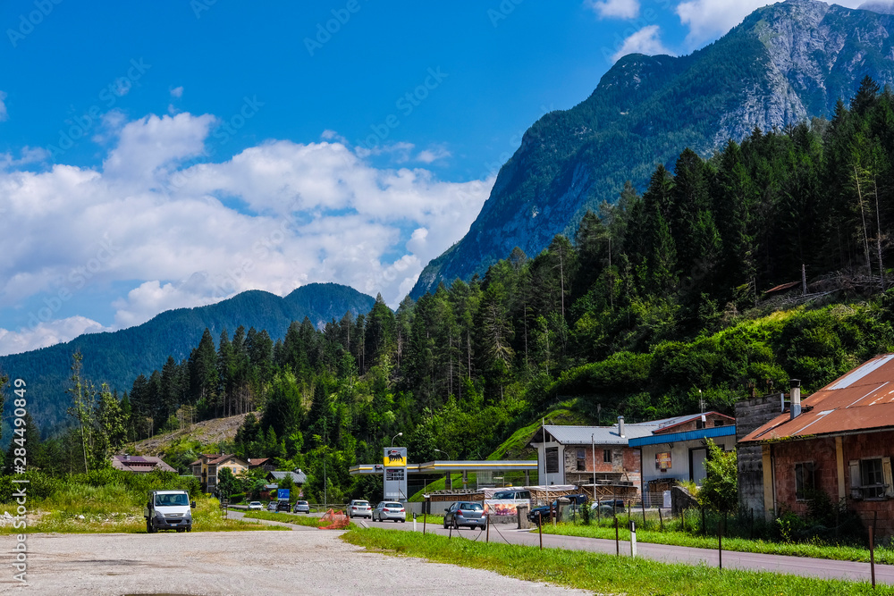 Trento region, Italy - July, 31, 2019: mountain parking in Italian Alps Trento region, Italy - July, 31, 2019: mountain parking in Italian Alps