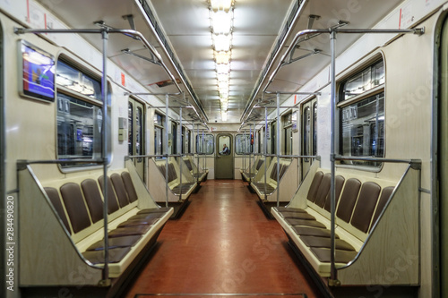 Moscow, Russia - August, 8, 2019: interior of Moscow subway carriage.
