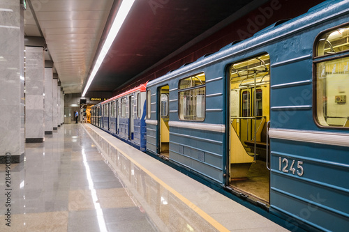 Moscow, Russia - August, 8, 2019: interior of Moscow subway station Kommunarka.