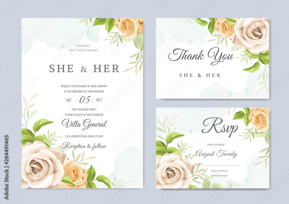 wedding invitation card template with beautiful floral and leaves wedding invitation card template with beautiful floral and leaves