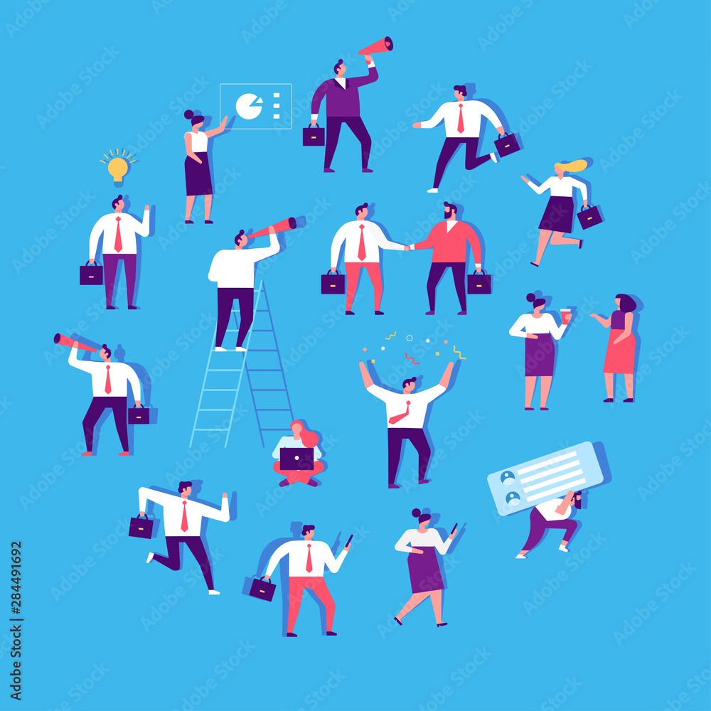 Business People cartoon characters arranged in circle. Business team. Teamwork, brainstorming. Success. Men and women. 