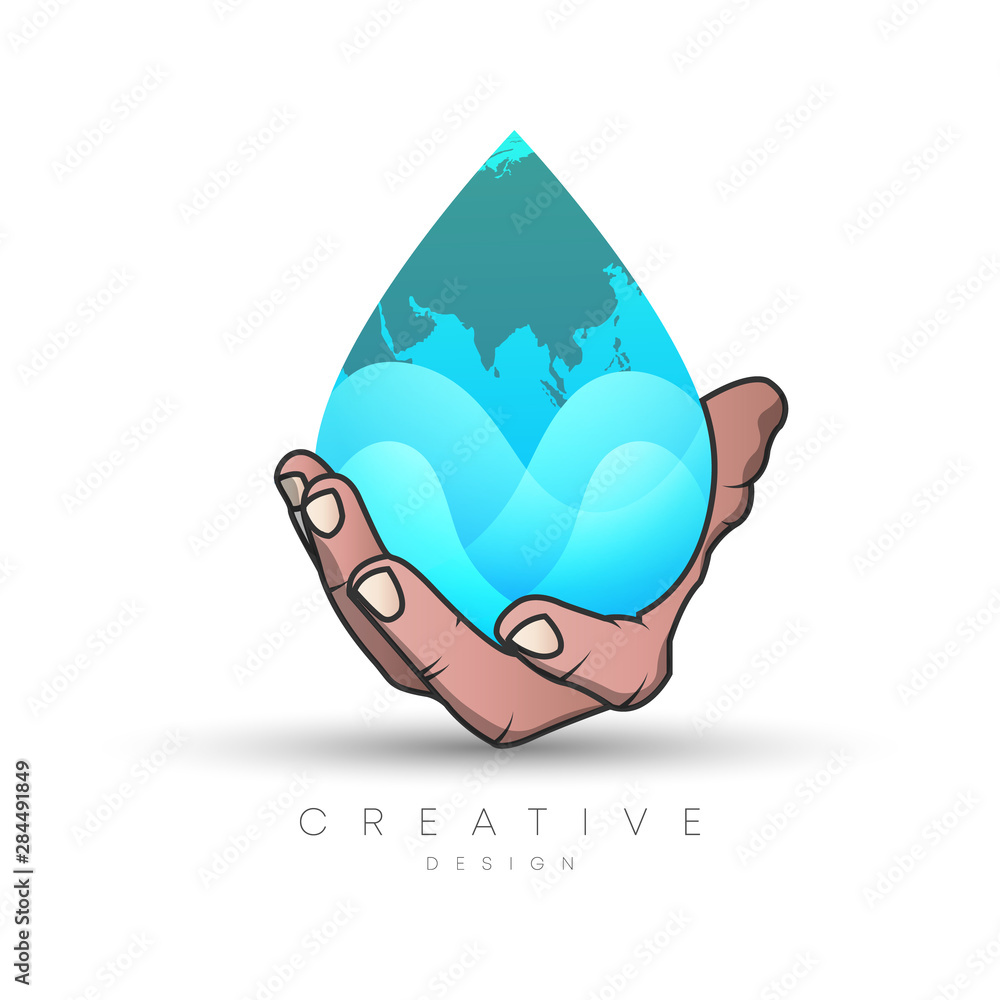 Obraz premium Vector design of a hand logo holding a grain of water with a map of the earth and ocean waves in it