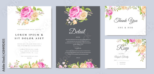 wedding invitation card template with beautiful floral and leaves 