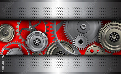 Background metallic with gear mechanism inside, 3D technology vector illustration.