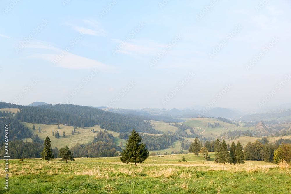 Panorama of Valley of White Water in Pieniny mountain in early autumn at sunrise, Poland