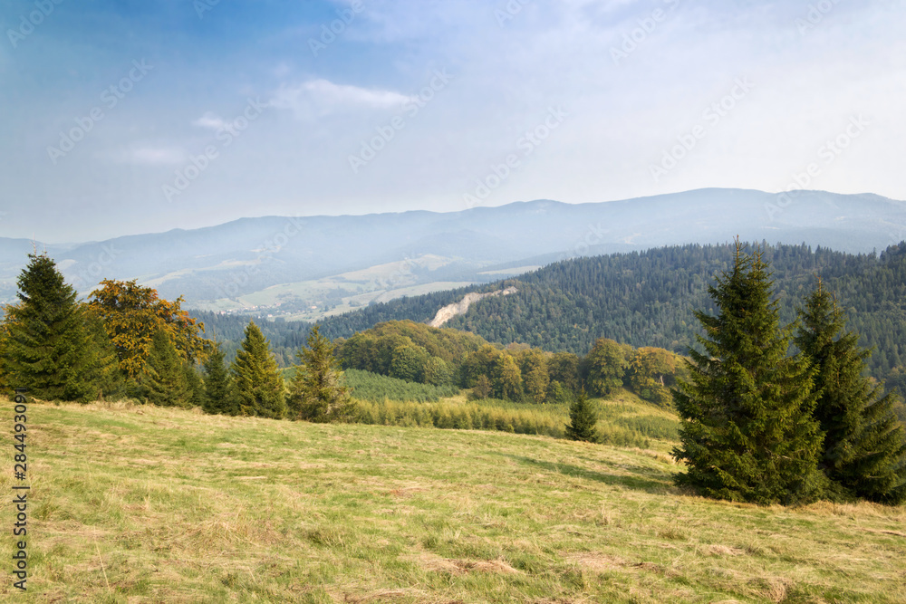 View of Little Pieniny mountain range in early autumn, Poland