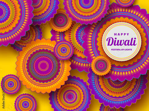 Diwali greeting card with 3d paper cut Indian rangoli. Festival of lights design. Bright colors. Vector illustration.