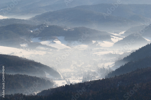View of Valley in winter. Krynica-Zdroj from Jaworzyna. Poland.