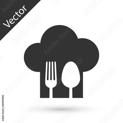 Grey Chef hat with fork and spoon icon isolated on white background. Cooking symbol. Restaurant menu. Cooks hat. Vector Illustration