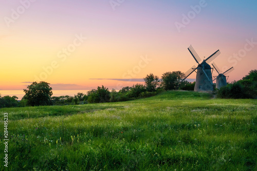 Fotomural Windmühlen im Sonnenuntergang