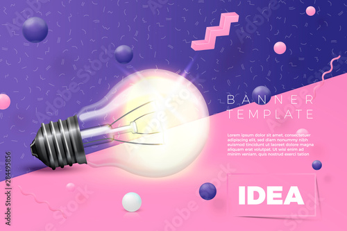 Vector 3d realistic light bulb idea banner on abstract scene with place for text. Violet, pink and white balls and objects.