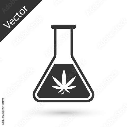 Grey Chemical test tube with marijuana or cannabis leaf icon isolated on white background. Research concept. Laboratory CBD oil concept. Vector Illustration