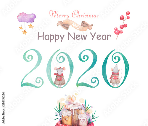 Cute cartoon christmas rat mouse christmas card. Watercolor hand drawn animal illustration. New Year 2020 holiday drawing illustration. Symbol 2020 characters set