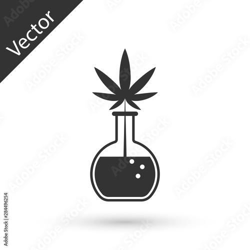Grey Chemical test tube with marijuana or cannabis leaf icon isolated on white background. Research concept. Laboratory CBD oil concept. Vector Illustration