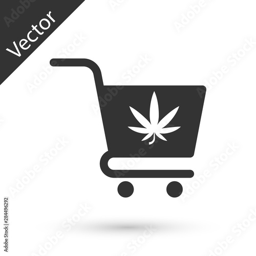 Grey Shopping cart with marijuana or cannabis leaf icon isolated on white background. Online buying. Delivery service. Supermarket basket. Vector Illustration