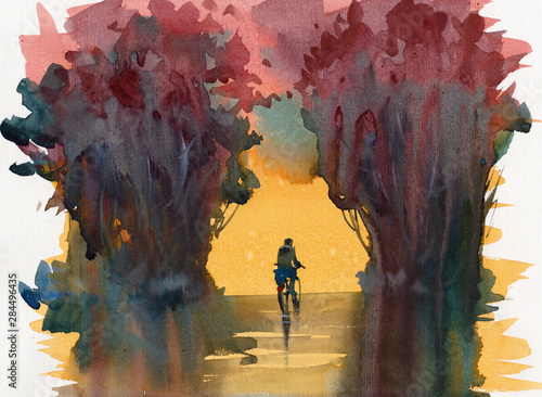 bicycle and trees watercolor illustration hand painted