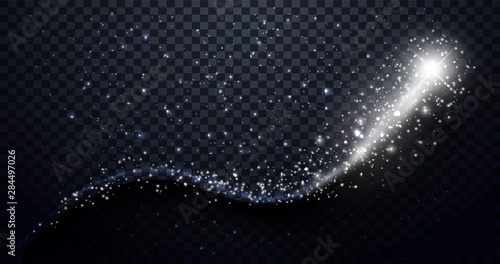 White particles wave. Sparkle stardust. White glittering magic vector waves with gold particles isolated on black background. Elegant Shimmer  wave design. Glitter particles. Magic fairy dust. Vector