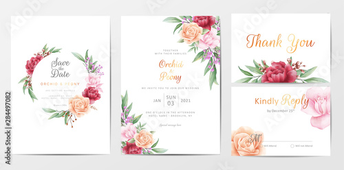 Romantic foliage wedding invitation cards template set