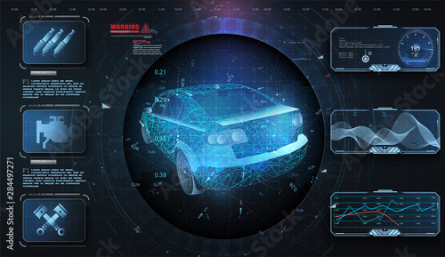 Hologram car style in HUD, UI, GUI. Hardware Diagnostics. Futuristic car service, scanning and auto data analysis. Car auto service, modern design, dagnostic auto. Virtual graphical interface. Vector