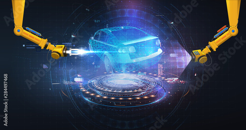 Futuristic Automated robotic arm on the Car production line is welding body on automobile factory. Auto body welding android hand. Futuristic car in style HUD, GUI. 3d illustration 