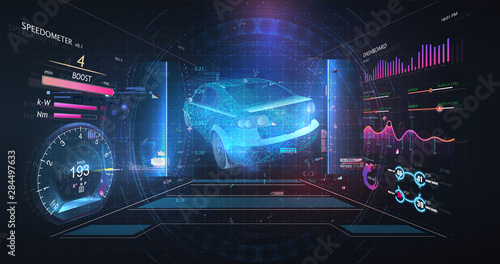 Hologram Auto in HUD UI style. Futuristic car service, scanning and auto data analysis. Virtual car dashboard concept. Futuristic auto in style low poly, wireframe in line. diagnostics in the HUD, GUI © ZinetroN