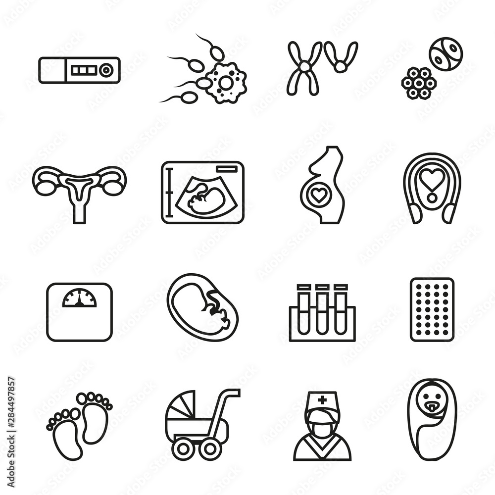 pregnancy and newborn baby icons set with white background. Thin Line Style stock vector.