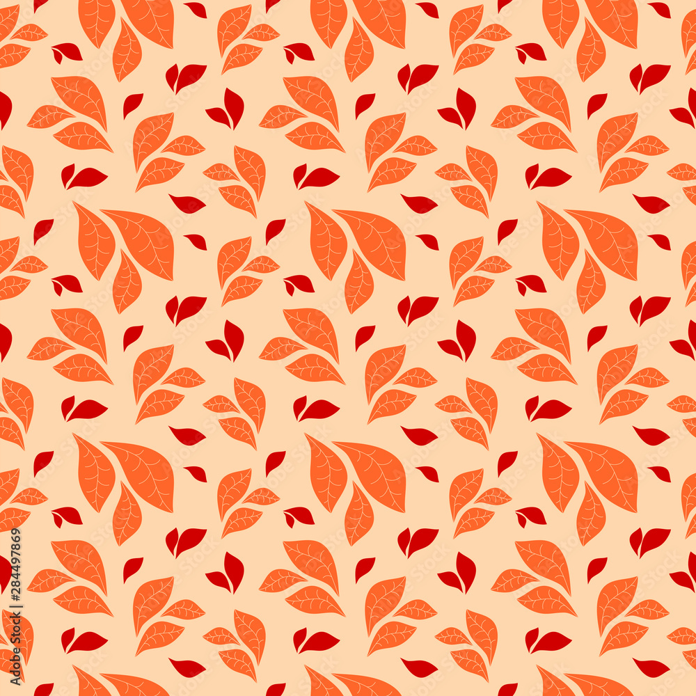 On a beige background, red and orange compositions from stylized vector leaves, autumn background. On a beige background, red and orange compositions from stylized vector leaves, autumn background.