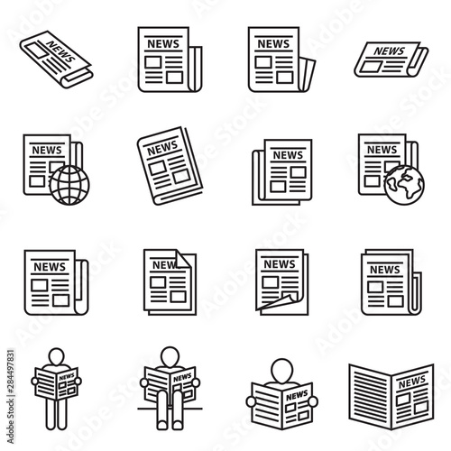 News publish, newspaper icon set with white background. Thin line style stock vector.