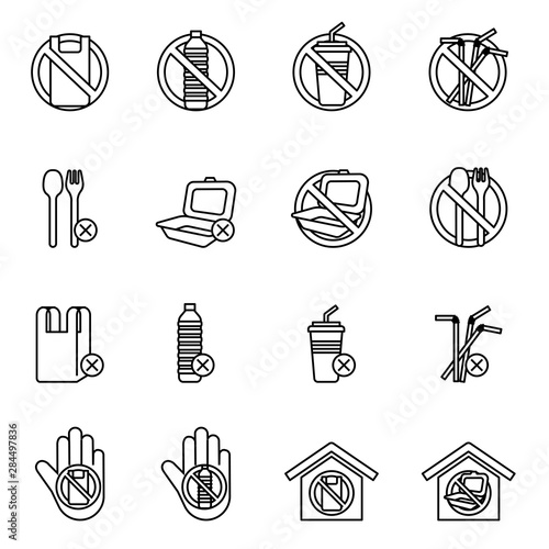 Set of no plastics sign. Save the earth and good environment concept. Thin Line Style stock vector.