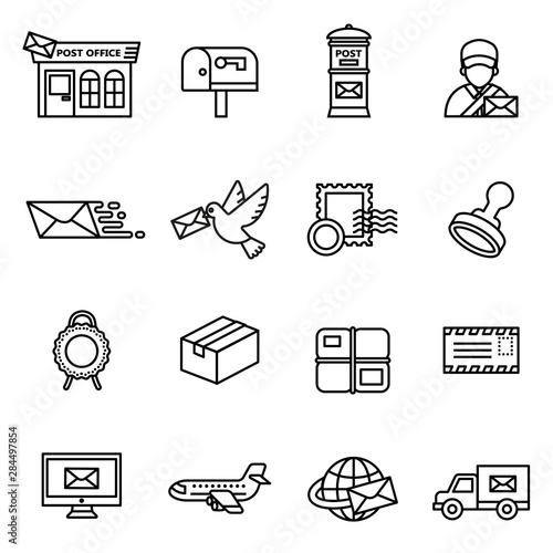 Mail, Post and Post office icon set with white background. Thin Line Style stock vector.