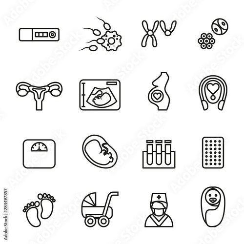 pregnancy and newborn baby icons set with white background. Thin Line Style stock vector.